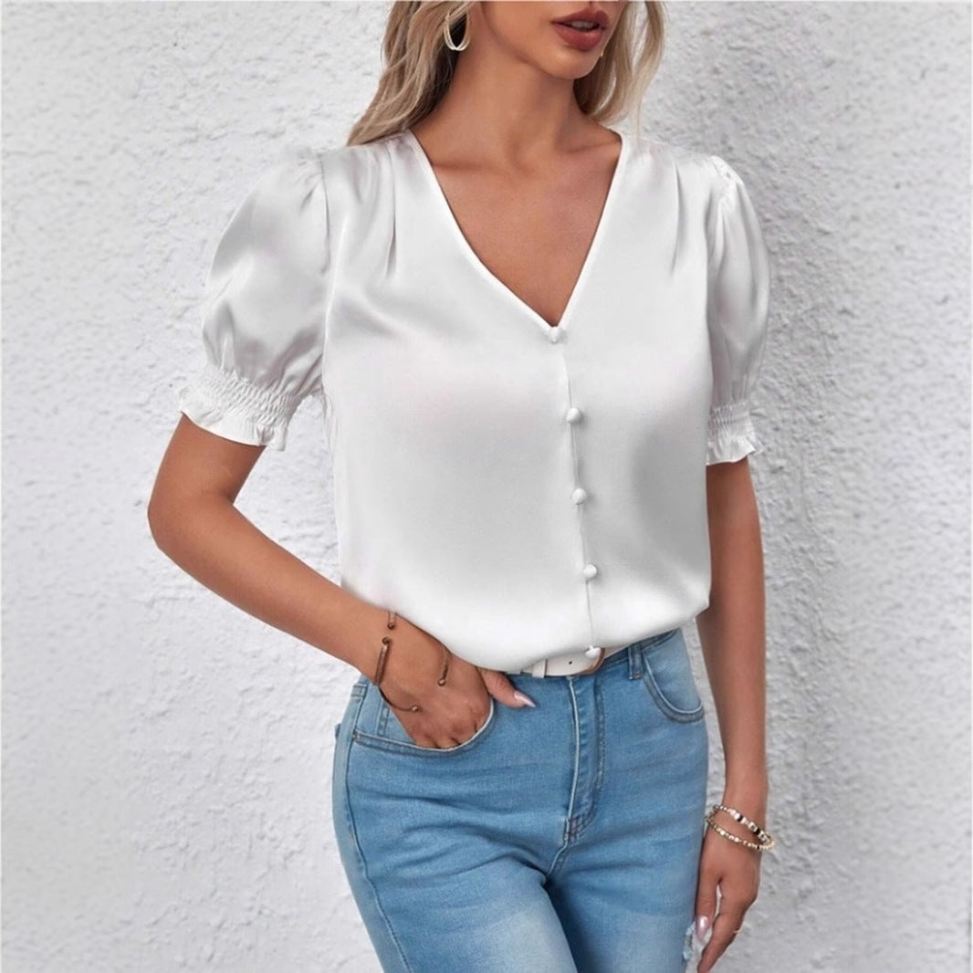 Damen Satinbluse mit Puffärmeln und eleganter Knopfleiste EB