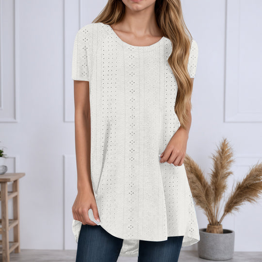 Damen nan locker geschnittene Broderie-Anglaise Tunika mit Rundhalsausschnitt, seitlichen Schlitzen und abgerundetem Saum EB