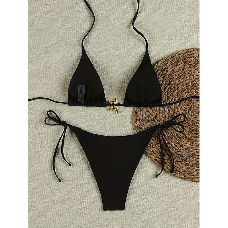 Damen Triangel-Bikini mit goldenen Akzenten und verstellbaren Trägern EB