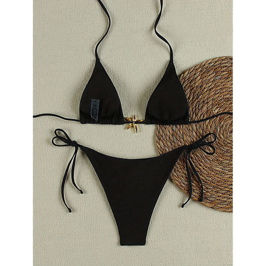 Damen Triangel-Bikini mit goldenen Akzenten und verstellbaren Trägern EB