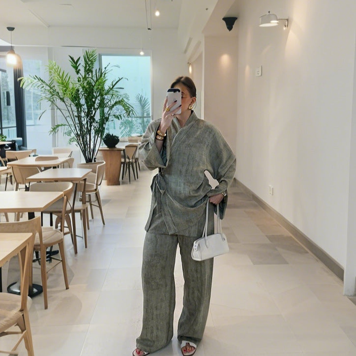 Damen lässiger Kimono-Hosenanzug mit Bindegürtel EB