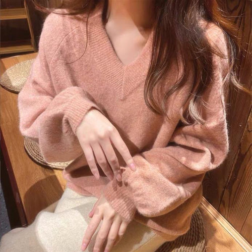 Damen Grobstrickpullover mit tiefem V-Ausschnitt und voluminösen Ärmeln EB
