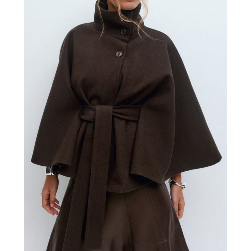 Damen Wollmantel im Cape‑Stil mit Stehkragen und Taillengürtel EB