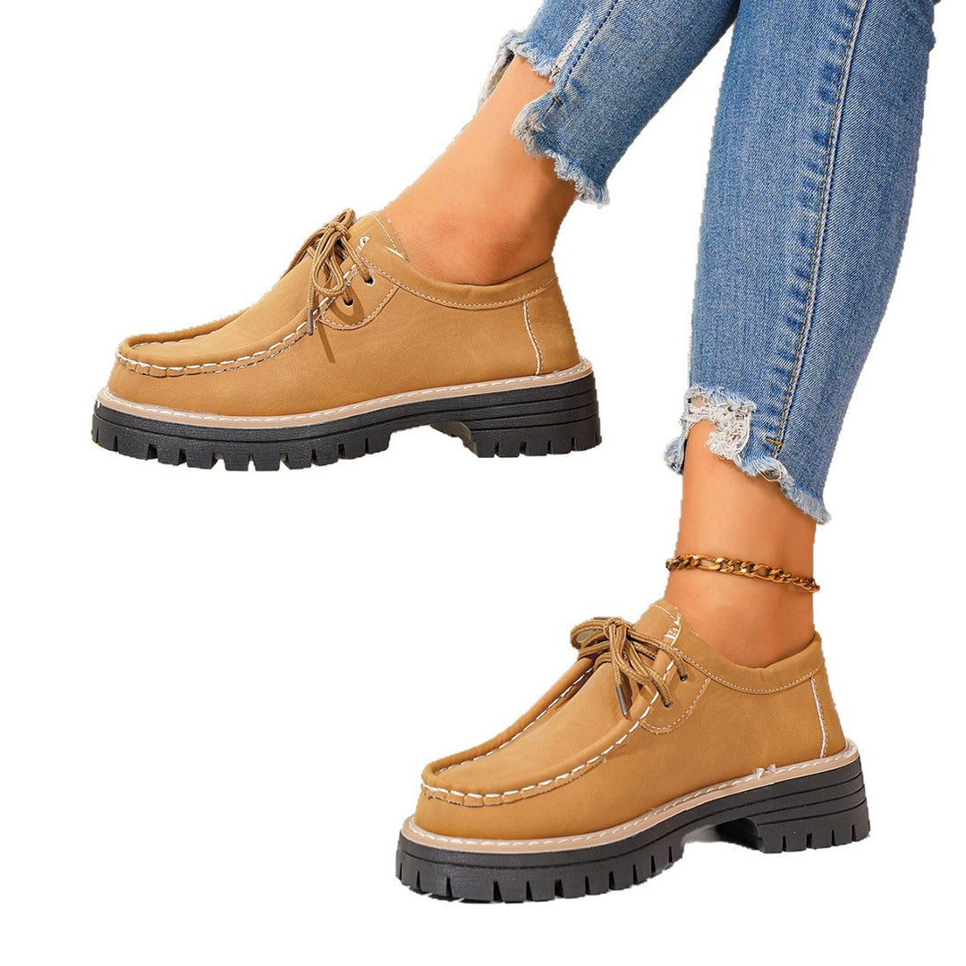 Damen elegante Derby-Schnürer aus Lederimitat mit Mokassinnaht und grober Profilsohle EB