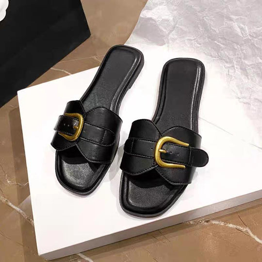 Damen modische Badeschuhe mit trendigem Riemen und goldfarbener Schnalle EB