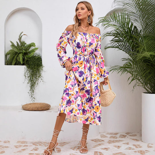 Damen Maxikleid mit floralem Design und elastischem Taillengürtel EB