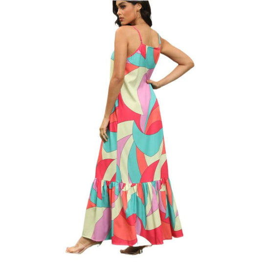 Damen Maxikleid mit farbenfrohem Mustermix und voluminösem Rock EB