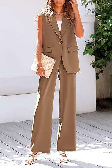 Damen ärmelloses Blazer-Set mit weit geschnittenen Hosen EB