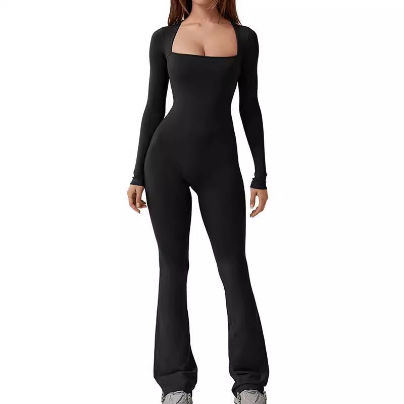 Damen nan figurbetonter Langarm-Jumpsuit mit quadratischem Ausschnitt und ausgestellter Schlaghose EB