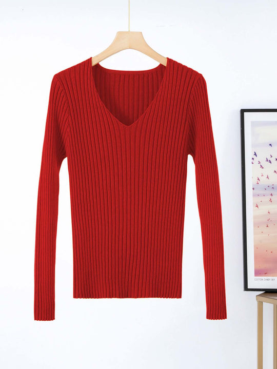 Damen Feinstrickpullover mit V-Ausschnitt und Rippenstruktur EB
