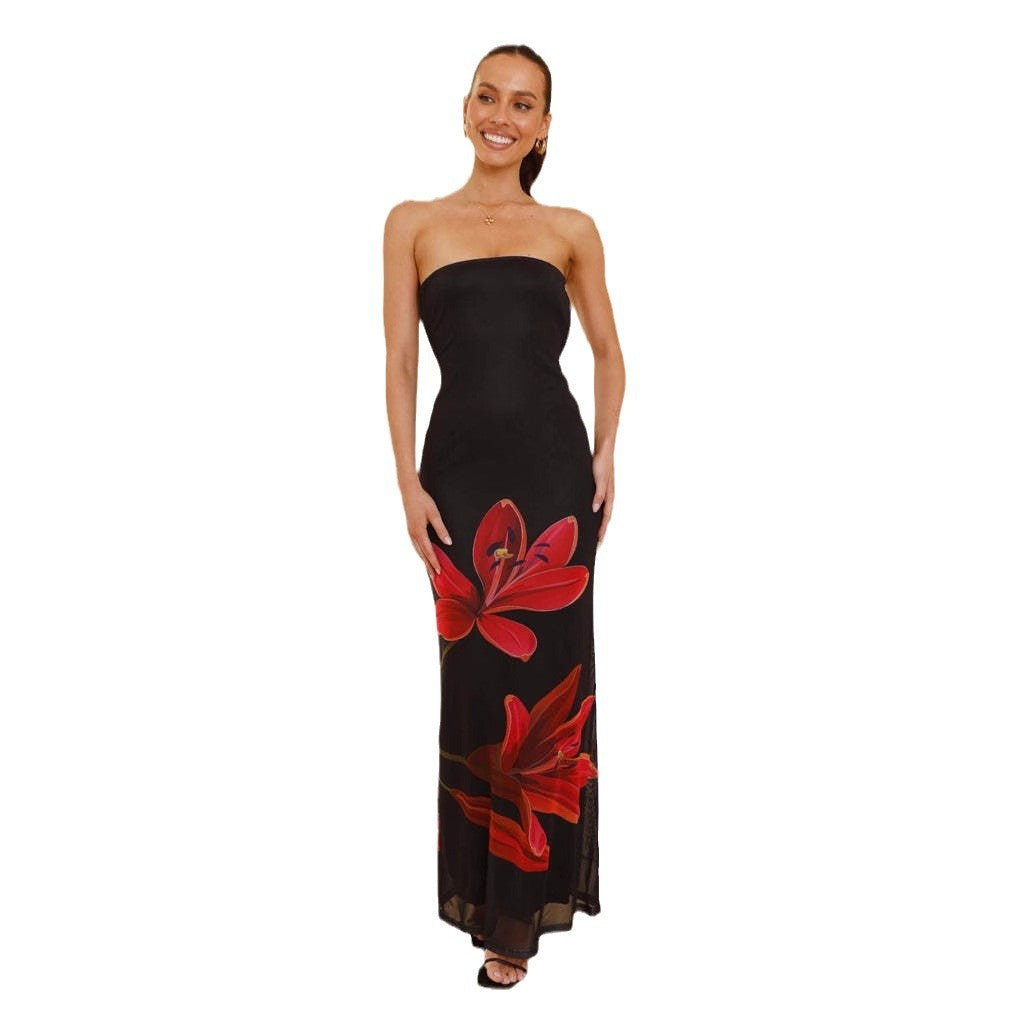Damen Maxikleid mit schicker Blumendekoration und strapless Design EB