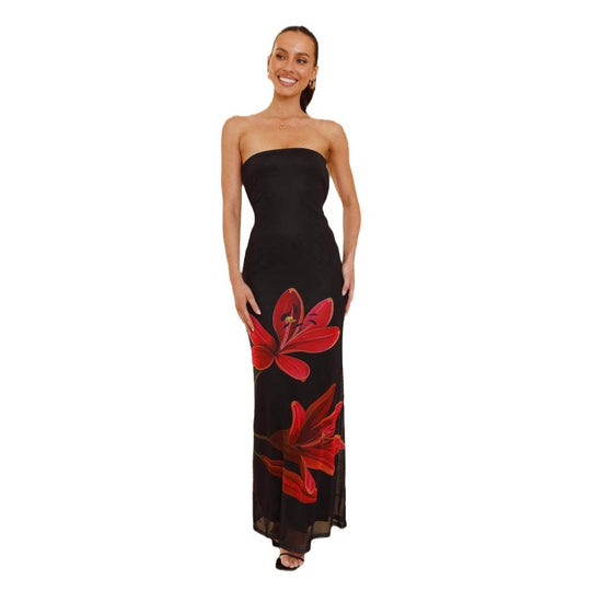 Damen Maxikleid mit schicker Blumendekoration und strapless Design EB
