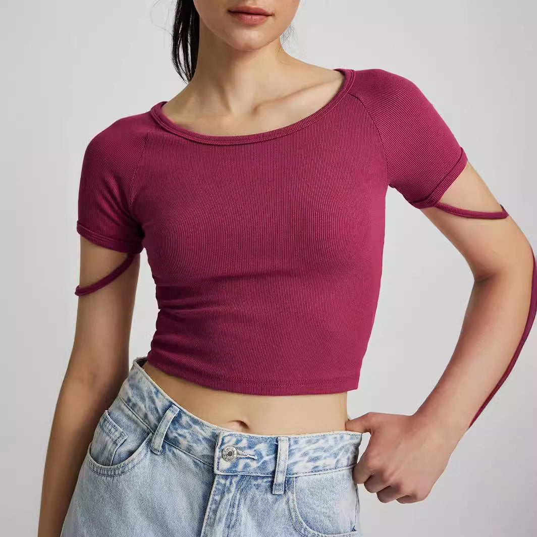 Damen kurzärmliges enganliegendes Crop-Top mit Rundhalsausschnitt EB