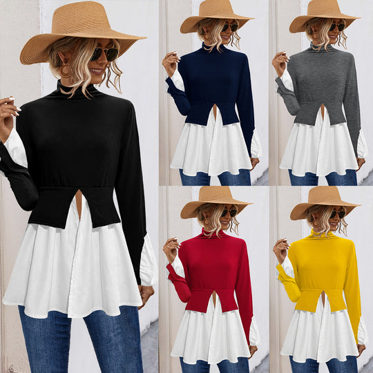 Damen Modisches Hemdblusenshirt mit hohem Kragen und asymmetrischem Schnitt EB