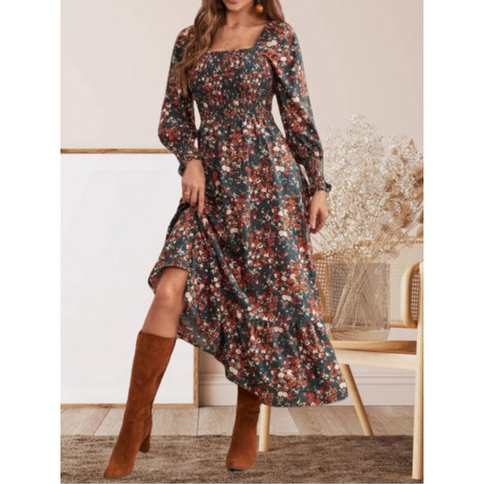 Damen Maxikleid mit Rüschendetails und floralem Design EB