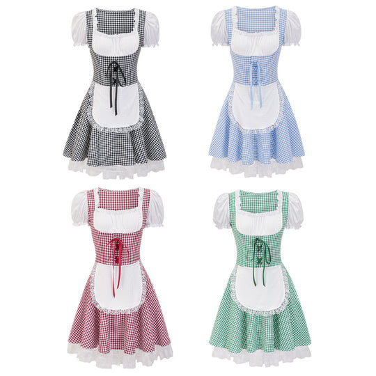 Damen Dirndlkleid mit traditionellem Karomuster und romantischen Rüschendetails EB
