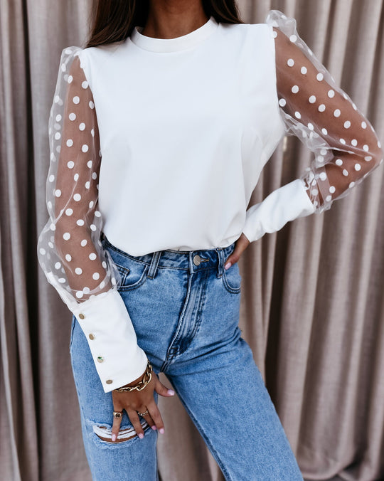 Damen Elegante Bluse mit transparenten Puffärmeln und Punkten EB