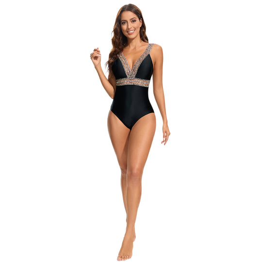 Damen Eleganter Einteiler Badeanzug mit tiefem V-Ausschnitt und funkelnden Akzenten EB