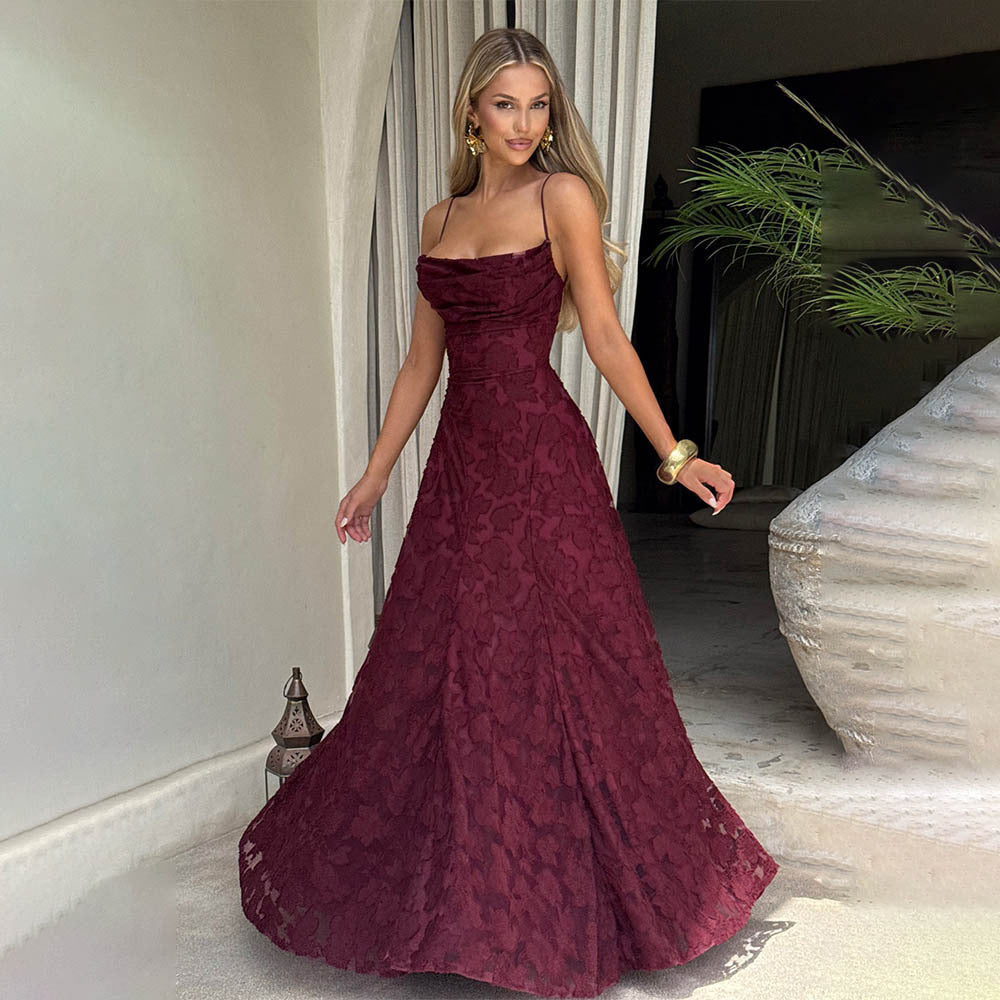Damen Maxikleid mit floralem Spitzenmuster und schwingendem Rock EB