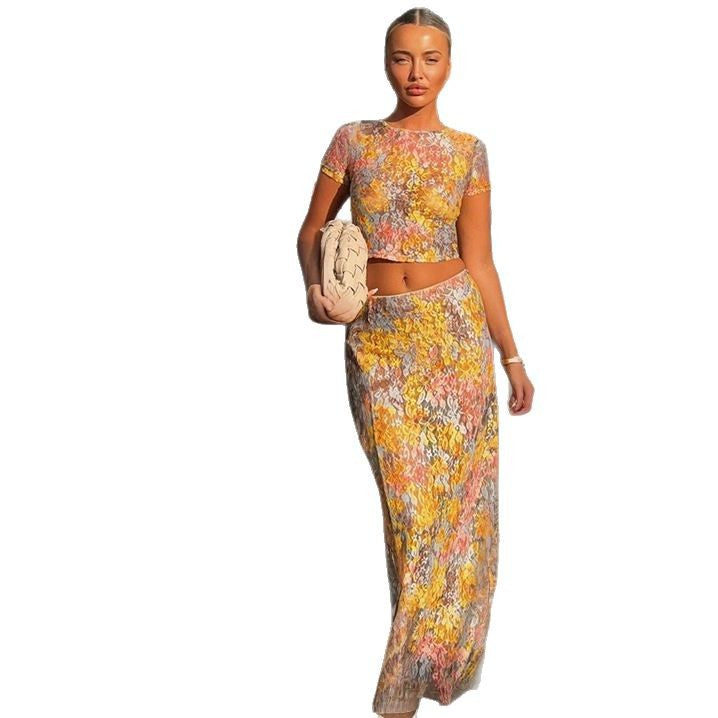 Damen elegantes Zweiteiler-Set mit floralem Muster und figurbetonter Silhouette EB
