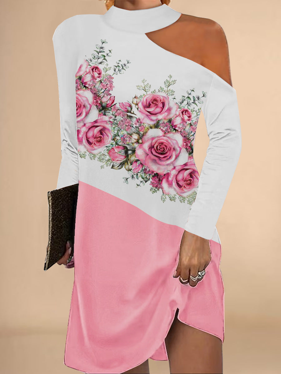 Damen asymmetrisches Blusenkleid mit floralem Motiv und elegantem Halsschnitt EB