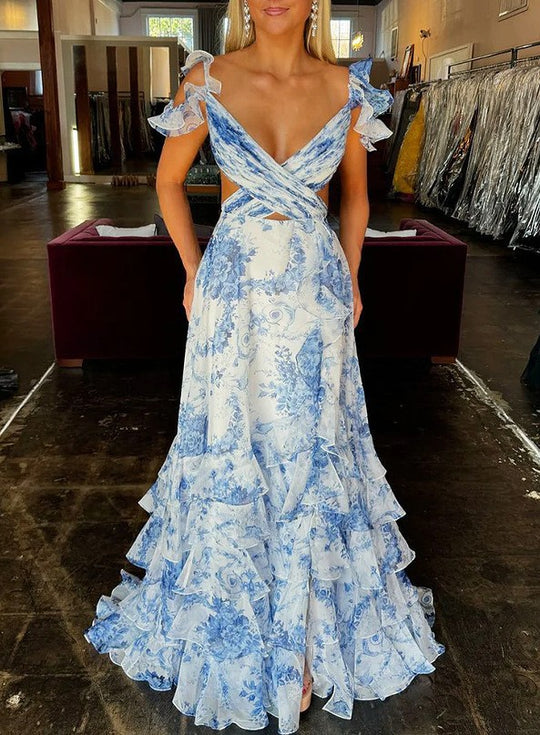 Damen Romantisches Maxikleid mit Rüschendetails und floralem Design EB