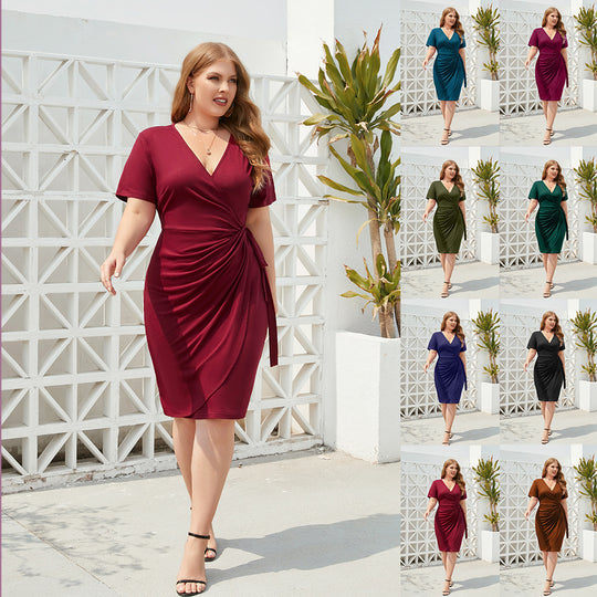 Damen Figurbetontes Wickelkleid mit kurzen Ärmeln und V-Ausschnitt EB