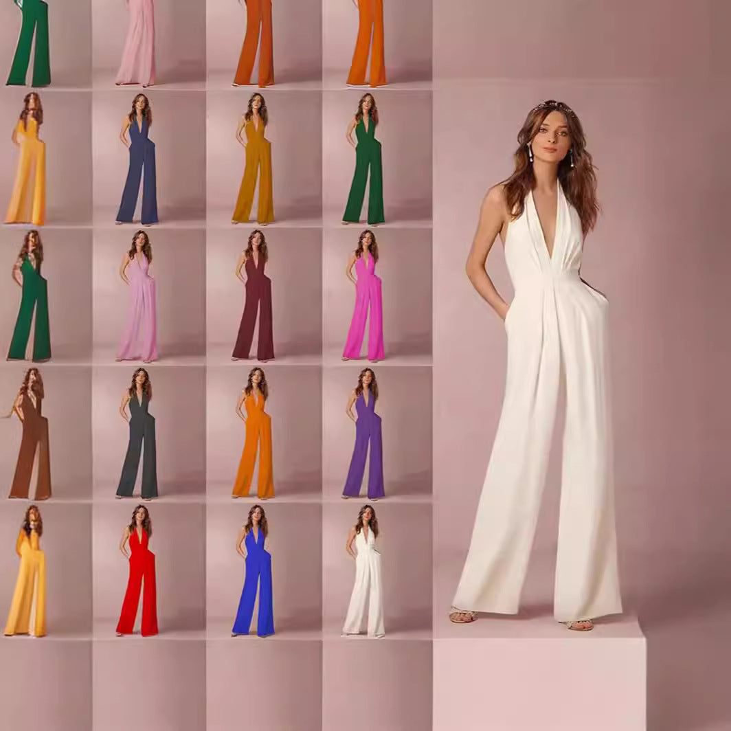 Damen Eleganter Jumpsuit mit tiefem V-Ausschnitt und weitem Bein EB