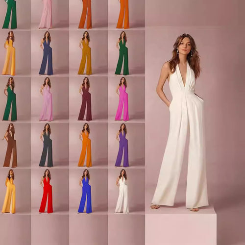 Damen Eleganter Jumpsuit mit tiefem V-Ausschnitt und weitem Bein EB