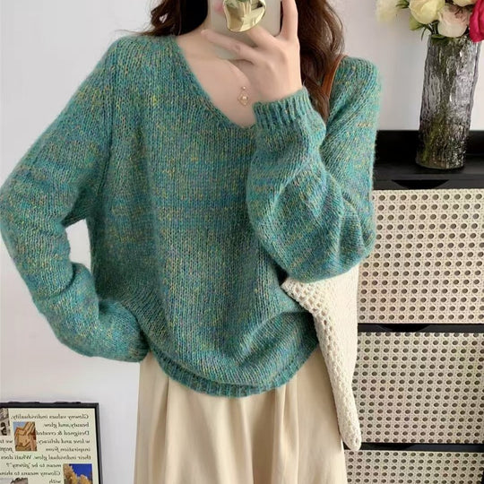 Damen leichter Strickpullover mit V-Ausschnitt und voluminösen Ärmeln EB