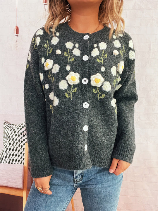 Damen Strickjacke mit floralem Design und Knopfverschluss EB