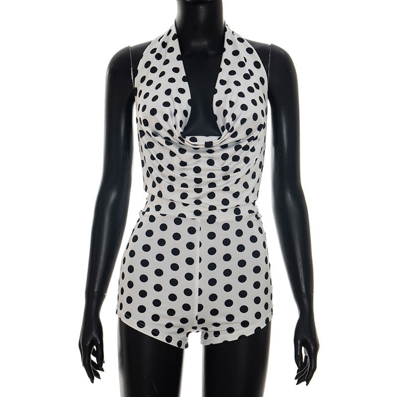 Damen Eleganter Playsuit mit tiefem V-Ausschnitt und modernem Punkte-Muster EB