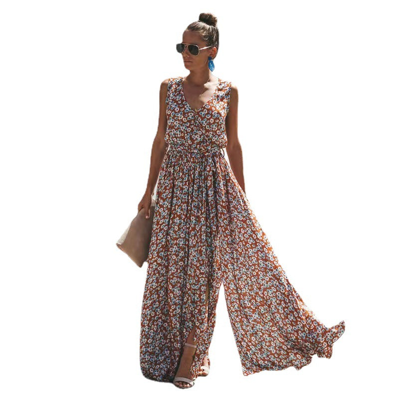 Damen Maxi-Kleid mit floralem Design und hohem Schlitz EB