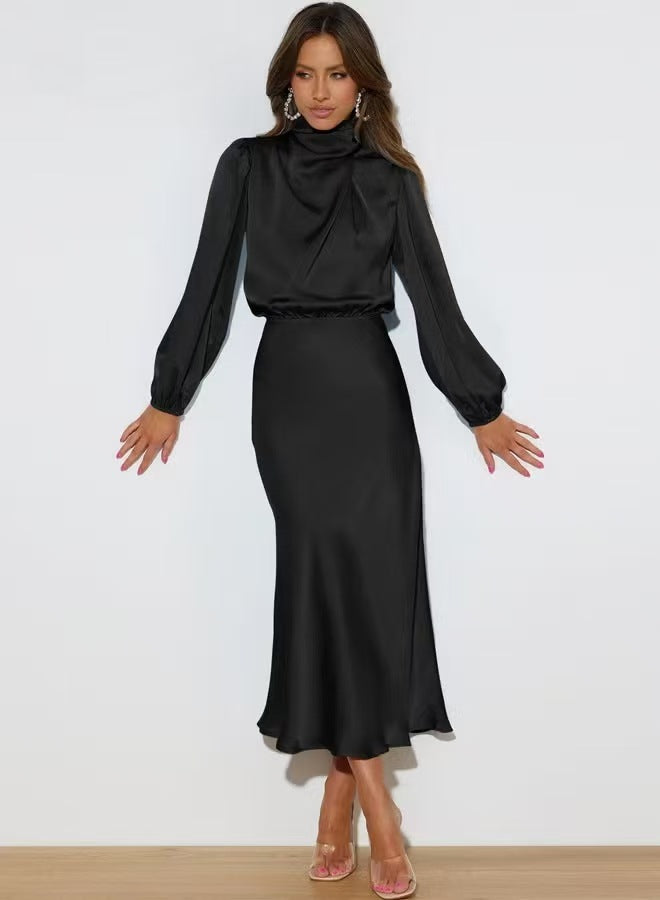Damen Elegantes Satin-Midikleid mit Stehkragen, Blouson-Oberteil und fließendem Rock EB
