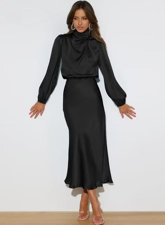 Damen Elegantes Satin-Midikleid mit Stehkragen, Blouson-Oberteil und fließendem Rock EB
