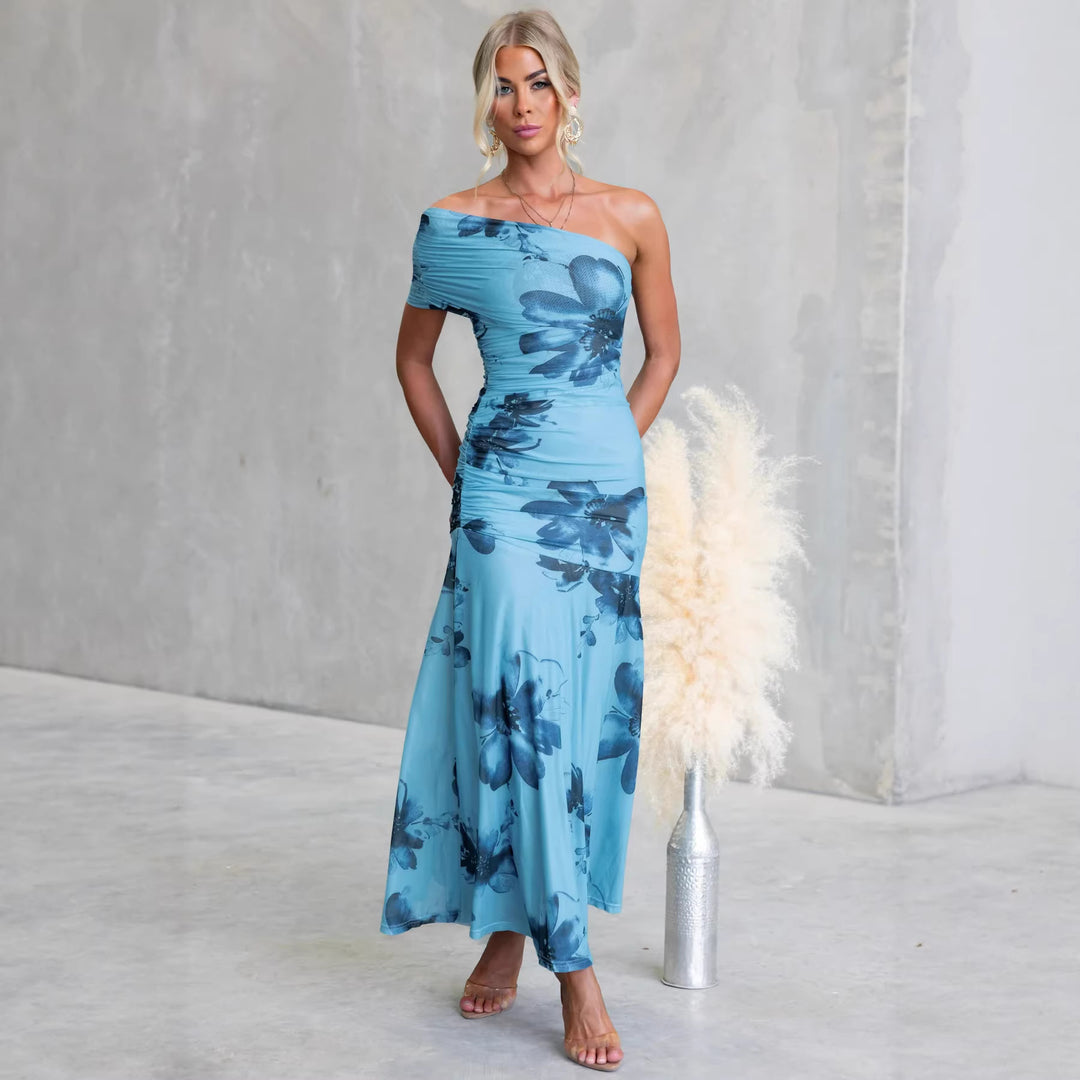 Damen Off-Shoulder Maxikleid mit floralen Akzenten und gerafftem Design EB