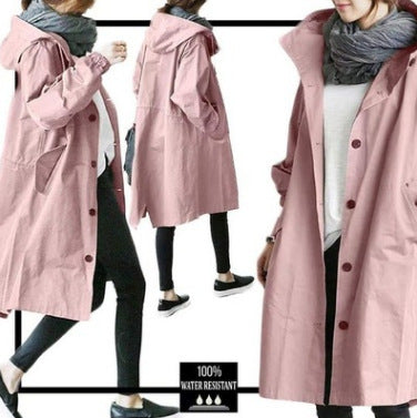 Damen nan leichter oversized Regenmantel mit Kapuze und verdeckter Knopfleiste EB