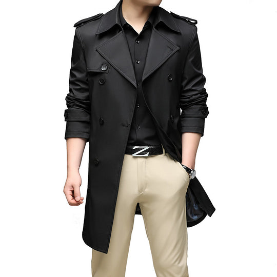 Herren Moderner Slim-Fit Trenchcoat mit Epauletten und doppelreihiger Knopfleiste EB