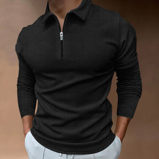 Herren Feines Waffelstrick-Halbzip-Polo mit Kentkragen & Langarm EB