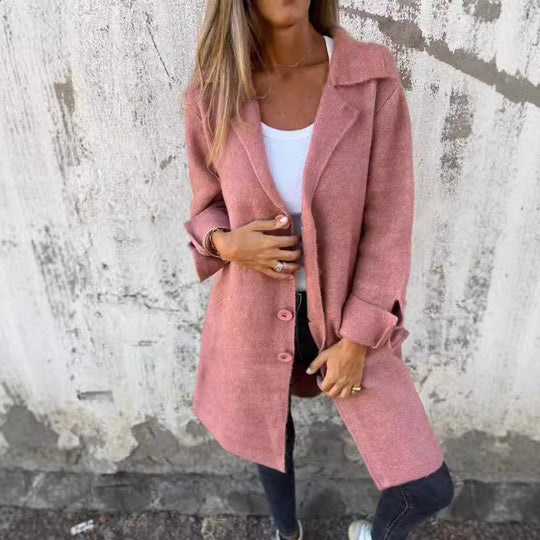 Damen Eleganter Oversize-Wollmantel mit Durchgehender Knopfleiste und Praktischen Taschen EB