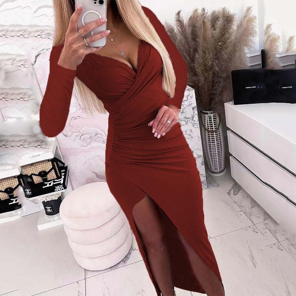 Damen elegantes Wickelkleid mit langen Ärmeln und Seitenschlitz EB