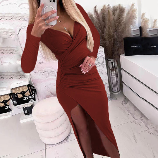 Damen elegantes Wickelkleid mit langen Ärmeln und Seitenschlitz EB