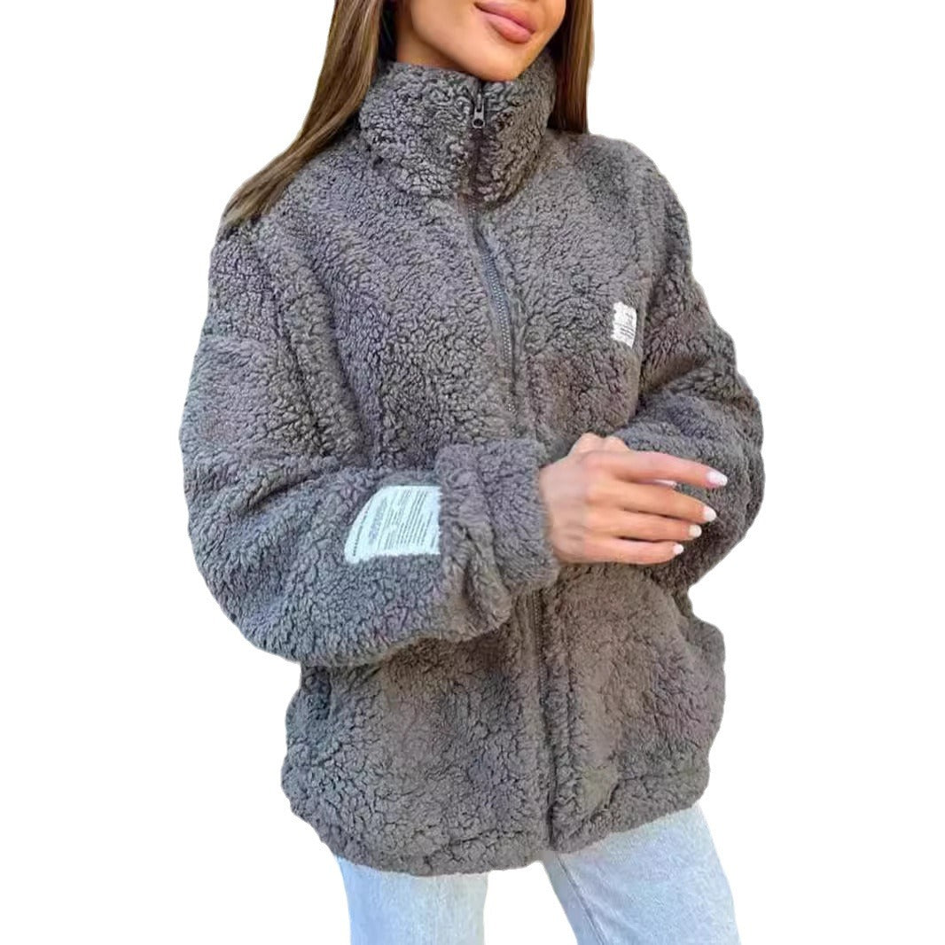 Damen Kuschelige Fleecejacke mit praktischen Taschen und hohen Kragen EB