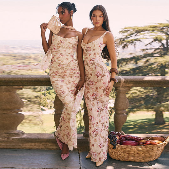 Damen Figurbetontes Maxikleid mit floralem Design und raffinierten Trägern EB