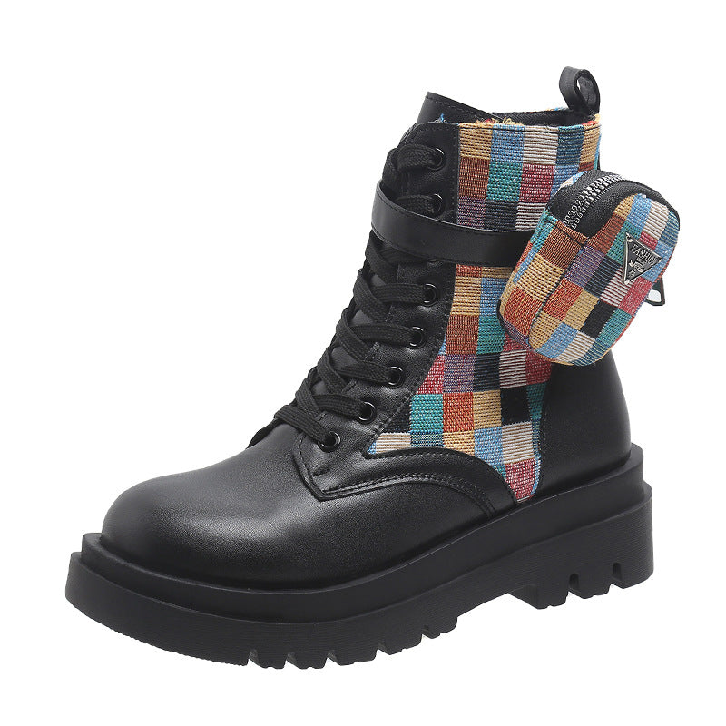 Damen modische Schnürstiefeletten mit buntem Riemendesign und praktischer Seitentasche EB