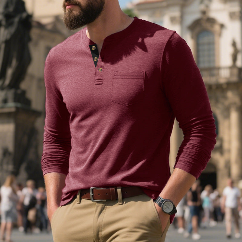 Herren Langarm-Henley-Shirt aus weichem Baumwollmix mit praktischer Brusttasche EB