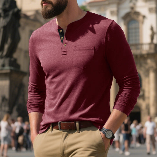 Herren Langarm-Henley-Shirt aus weichem Baumwollmix mit praktischer Brusttasche EB