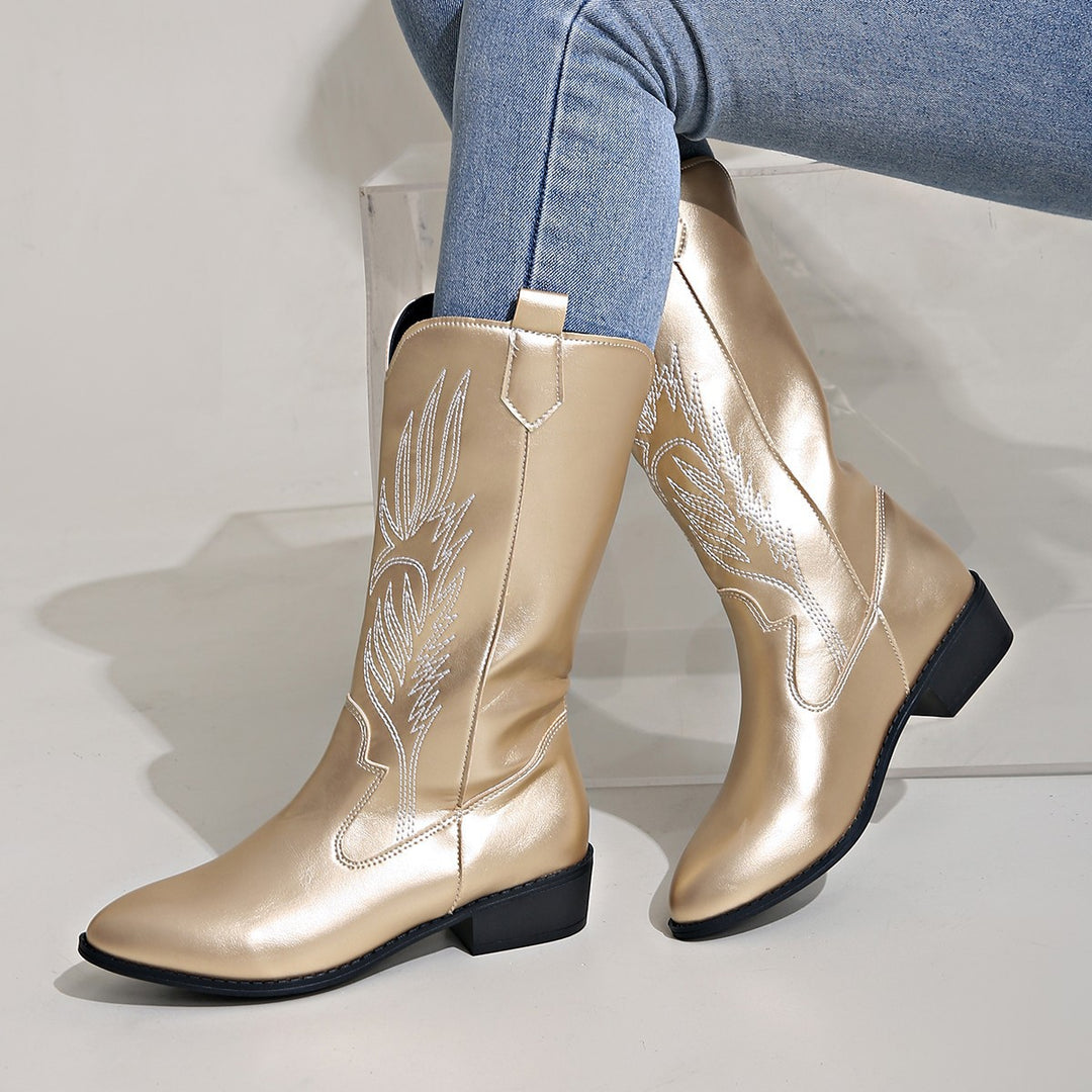 Damen Cowgirl-Kniehoher Stiefel mit dekorativer Stickerei, Pull‑Tabs und komfortablem Blockabsatz EB