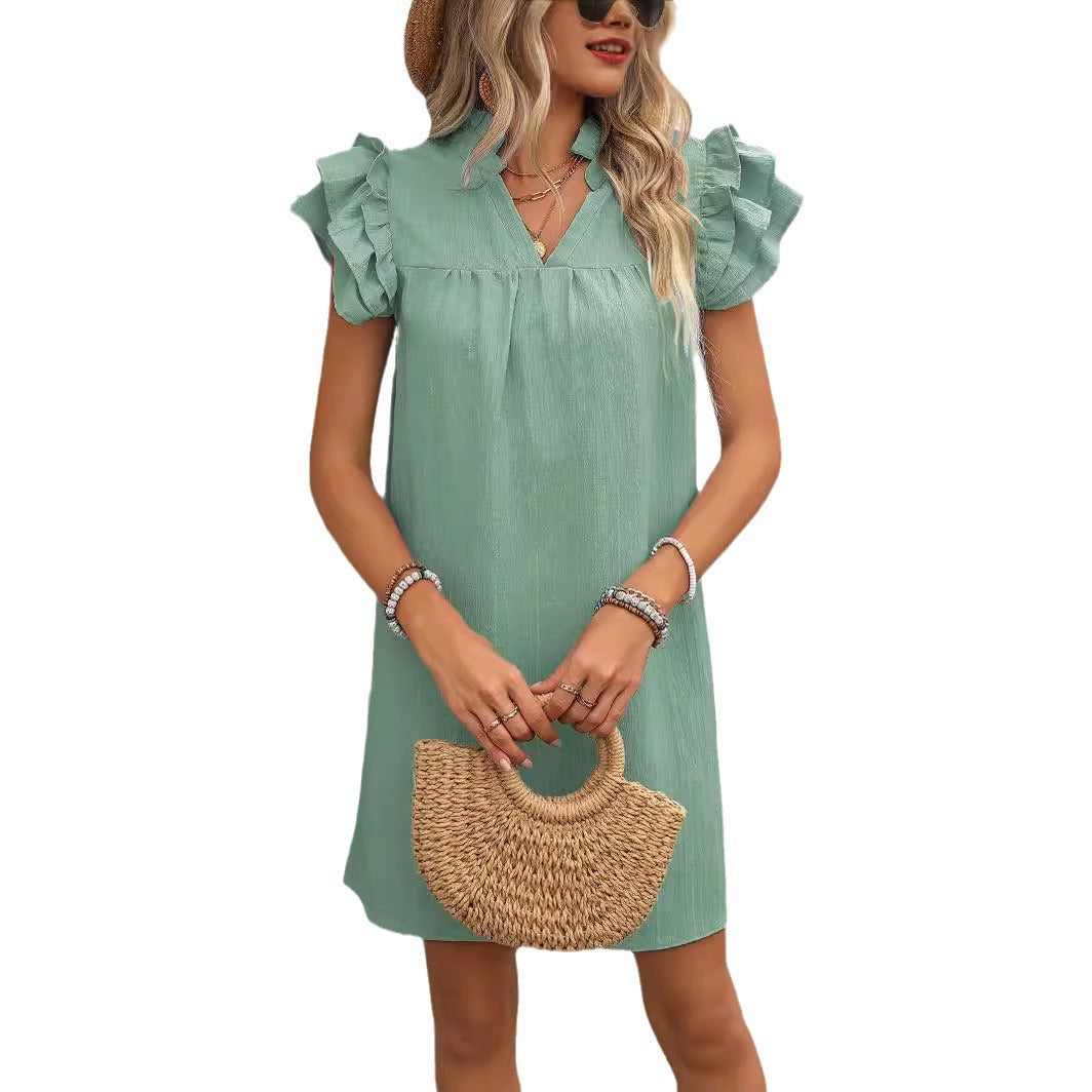 Damen elegantes Kurzarm-Kleid mit Rüschendetails und V-Ausschnitt EB