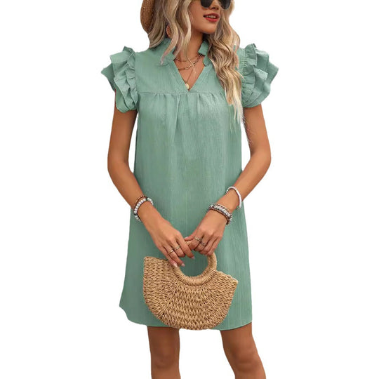 Damen elegantes Kurzarm-Kleid mit Rüschendetails und V-Ausschnitt EB